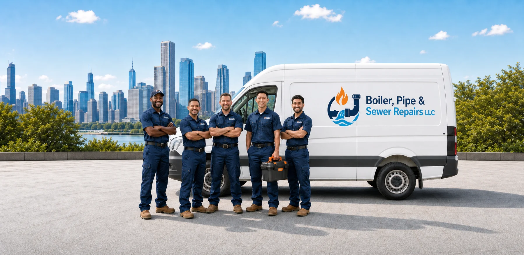 Illustrative graphic of the Boiler, Pipe & Sewer Repairs LLC crew and branded service van in front of the NYC skyline