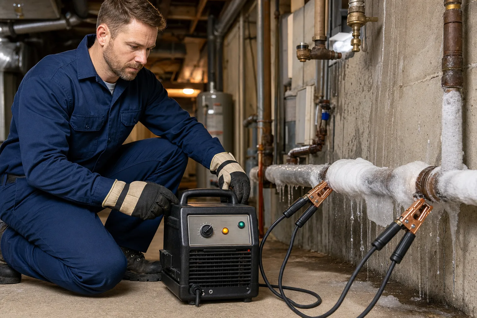 Illustrative graphic of a technician using a pipe-thawing machine on a frozen, frost-covered pipe